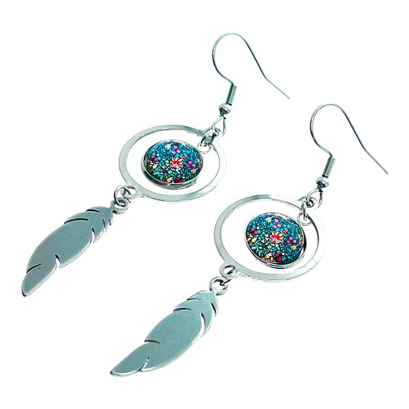 Emerald Forest Feather Round Earrings - Picture 3 of 5